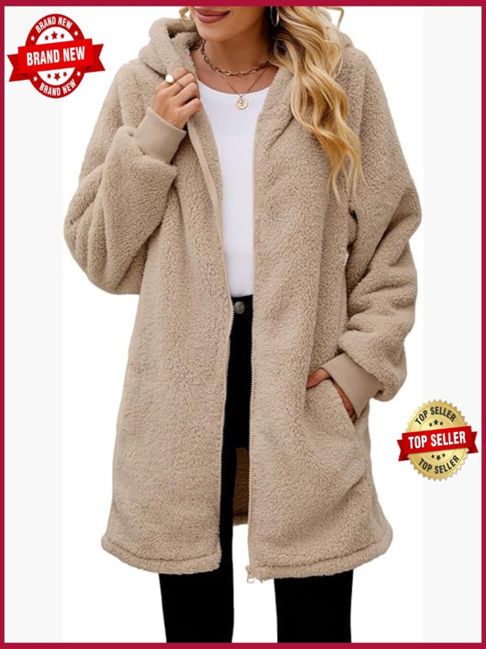 Oversized Fleece Zip Up Jacket with Hood and Pockets